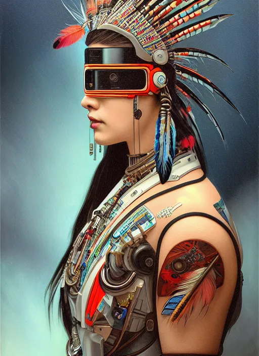 Image similar to seen through a window!! portrait of a cyberpunk machine, machine face, upper half portrait, decorated with feathers, native american, fine china, traditional chinese art, intricate, elegant, highly detailed, headpiece, digital painting, artstation, concept art, smooth, sharp focus, illustration, art by artgerm and greg rutkowski and alphonse mucha, 8 k