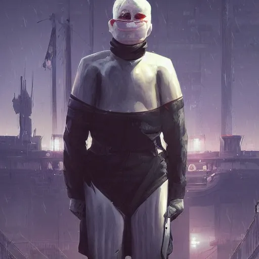 Prompt: portrait of rubbery albino mutant with determined expression, sharp features, moist skin and wide black eyes wearing fascist Napoleonic Tang Dynasty police uniform standing on cyberpunk docks, science fiction concept art by Greg Rutkowski and Anato Finnstark