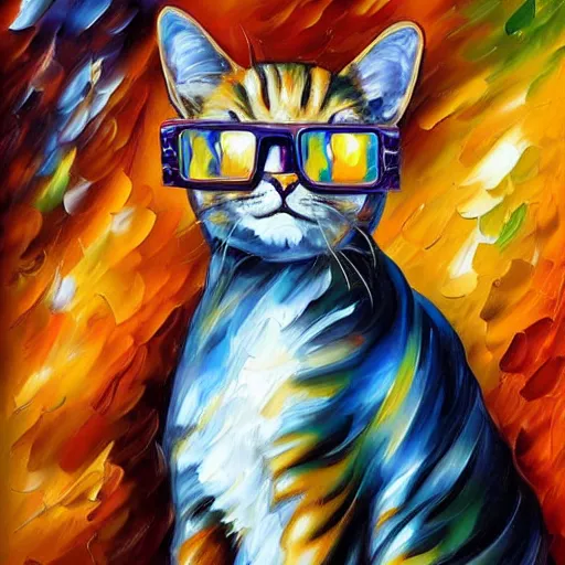 Image similar to painting of a cat wearing a lab coat and safety goggles mixing chemicals by Leonid Afremov