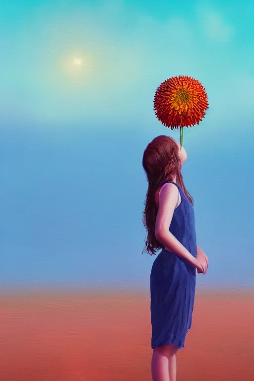 Image similar to closeup giant dahlia flower head, girl standing on beach, surreal photography, blue sky, sunrise, dramatic light, impressionist painting, digital painting, artstation, simon stalenhag