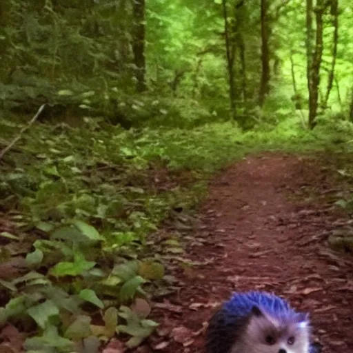 Prompt: sonic the hedgehog trail cam footage in the woods at night. face is near camera