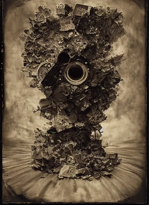 Image similar to old wetplate daguerreotype explosion of data fragments, fractal, intricate, elegant, highly detailed, parallax, leica, medium format, subsurface scattering, by jheronimus bosch and greg rutkowski and louis jacques mande daguerre