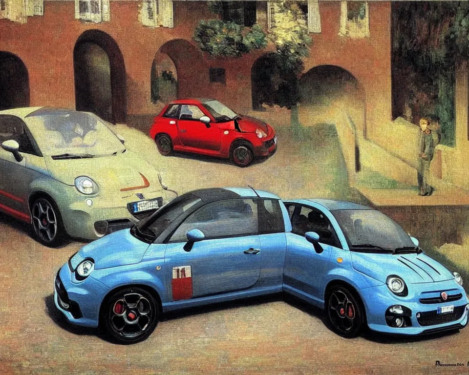 Prompt: achingly beautiful painting of a 2 0 1 3 fiat abarth by rene magritte, monet, and turner.