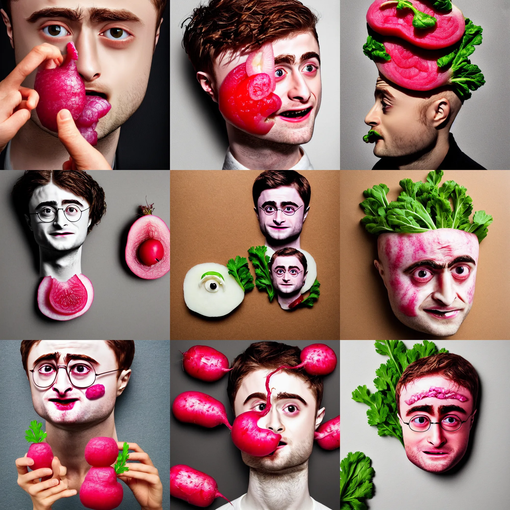 Image similar to face made of radish made of daniel radcliffe, professional food photography, high detail portrait photo