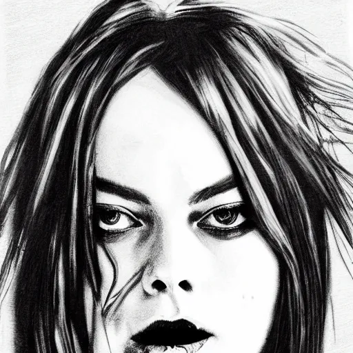 Prompt: grunge drawing of margot robbie in the style of the grudge