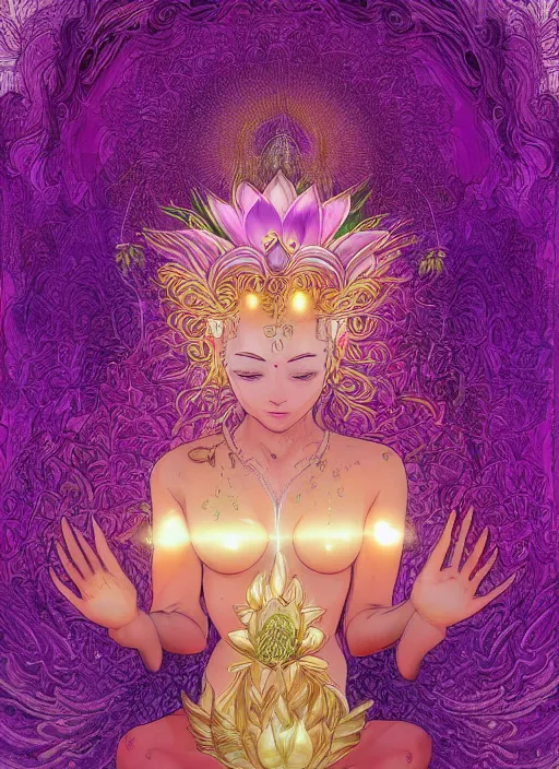 Image similar to 'lotus goddes, full body, purple, pink, yellow, concept character, water drops, lotus flower, beautiful, stunning, pink mist, radiating power, energy, god rays, luminescence, fractal, style of james jean, akira, satoshi con'