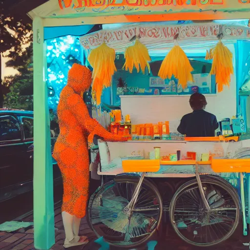 Image similar to cinematic photo of a beautiful albino frog woman lit with split colour turquoise and orange lighting buying lemonade from a childrens lemonade stand in suburbia