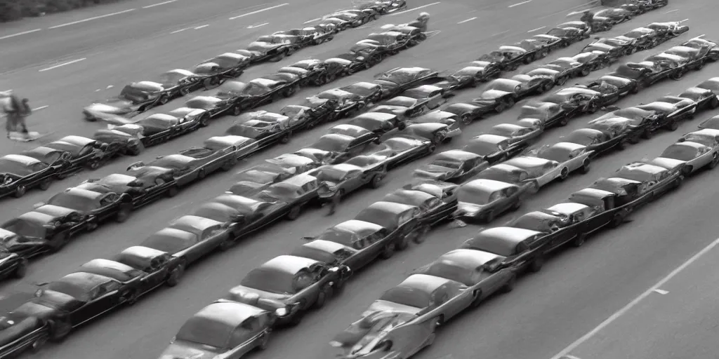 Prompt: an infinite convoy line of cars , extreme wide shot, infinite regression