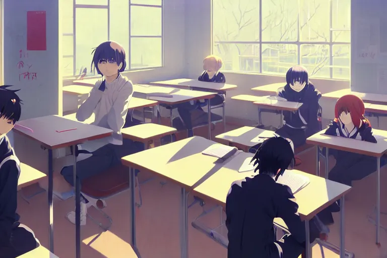 boy's love anime modern high school classroom in, Stable Diffusion