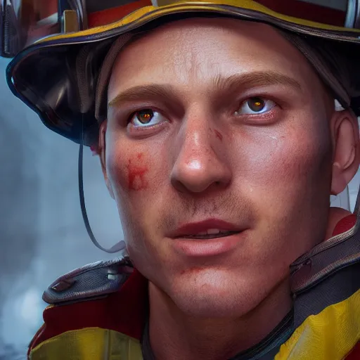 Image similar to portrait of fireman, 8 k uhd, unreal engine, octane render in the artstyle of finnian macmanus, john park and greg rutkowski