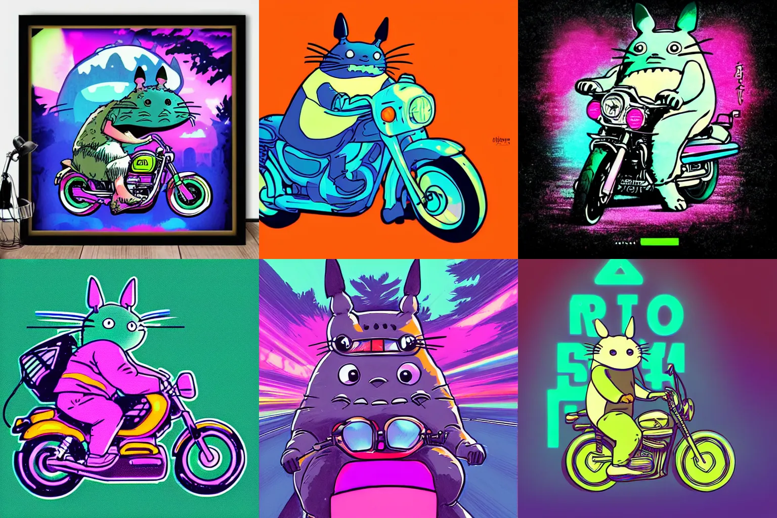 Prompt: totoro riding a motorbike on a synthwave background. Colorful neon artwork