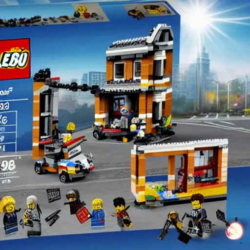 Image similar to Box art for a LEGO set of a gang confrontation in the streets