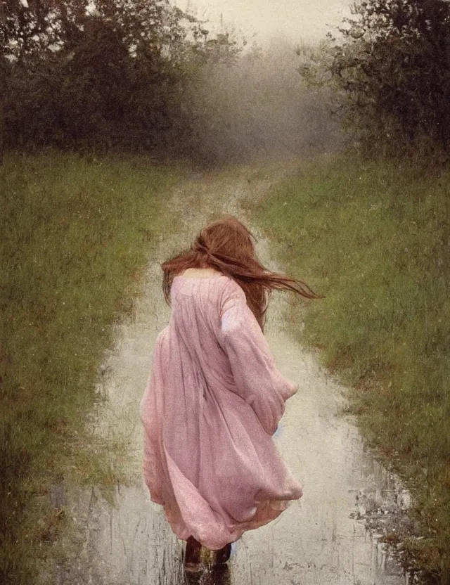 Image similar to peasant girl with long hair running under the rain, cottage core, cinematic focus, polaroid photo bleached vintage pastel colors high - key lighting, soft lights, foggy, by steve hanks, by lisa yuskavage, by serov valentin, by tarkovsky, oil on canvas