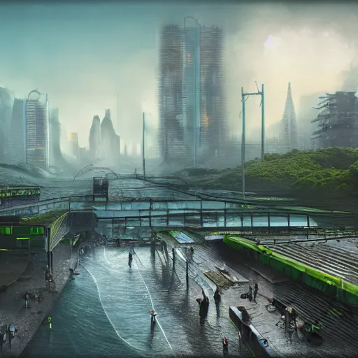 Prompt: future city made from bright concrete and steel, metropolis, brutalist, waterways, waterfalls, dramatic clouds, neon green lava streets, god rays, digital art, landscape, fantasy art, octane render, pop art, ureal engine, high detail, very realistic, by greg rutkowski. by simon stalenhag