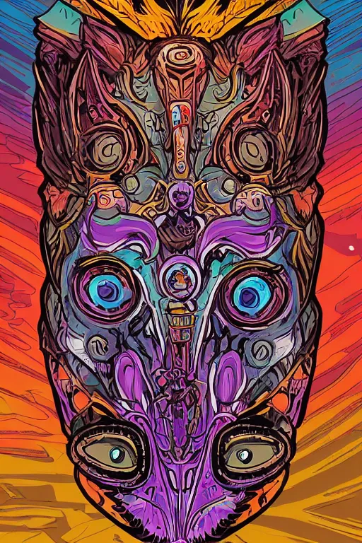 Image similar to animal mask totem roots flower tribal feather gemstone plant wood rock shaman vodoo video game vector cutout illustration vivid multicolor borderlands comics by josan gonzales and dan mumford radiating a glowing aura