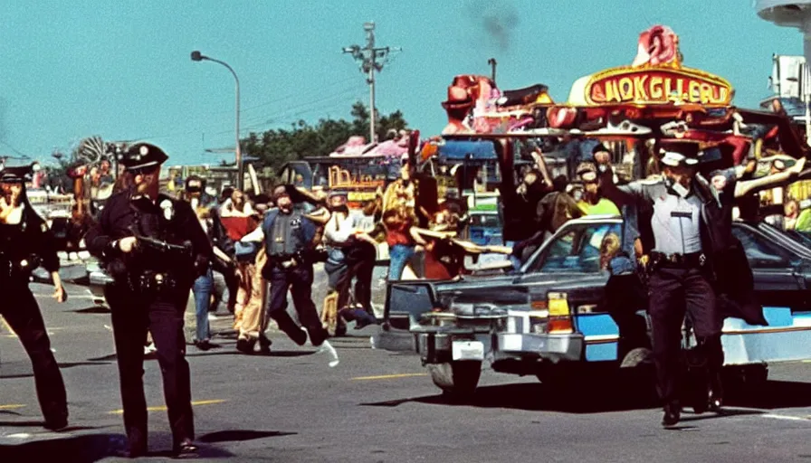 Prompt: 1975 color! movie about cops and police cars raiding a carnival.