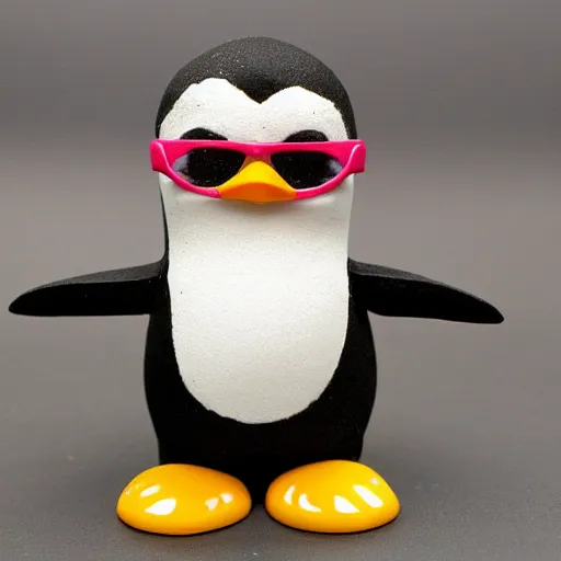 Prompt: cute penguin with sun glasses symmetric clay doll