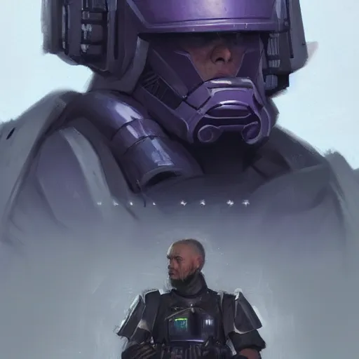 Image similar to concept art of a portrait by greg rutkowski, a soldier of the eternal empire wearing purple and white tactical gear, star wars expanded universe, smooth, sharp focus, artstation hq.