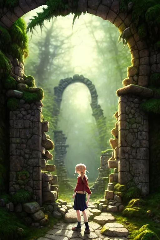 Image similar to a highly detailed matte painting of a teenager with shaggy hair and hip clothes standing in front of a stone gate in the elven forest ruins, by studio ghibli, by artgerm, by wlop, by greg rutkowski, red tones, volumetric lighting, octane render, 4 k resolution, trending on artstation, masterpiece