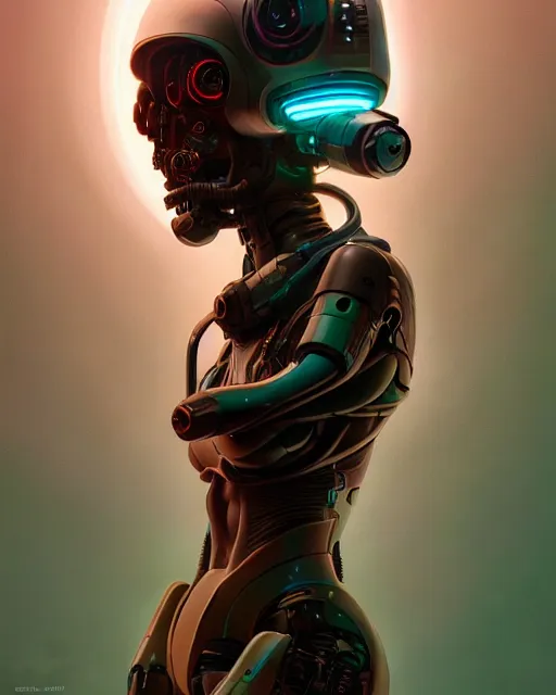 Prompt: one singular portrait of a cute bioluminescent cyborg alien, pulp scifi, highly detailed, digital painting, moody cinematic lighting, hyperrealism, dark retrowave, art by stanley lau and artgerm and magali villeneuve and alphonse mucha, artstation, octane render, cgsociety