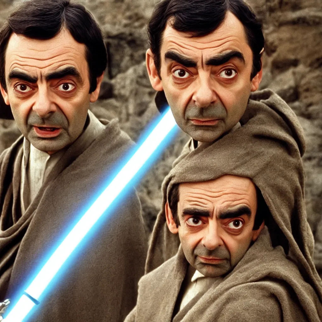 Image similar to Still of Mr. Bean as jedi master Obiwan kenobi!!!!. in Star Wars (1977). detailed eyes. medium shot, technicolor. light saber