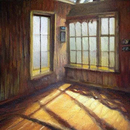 Image similar to oil painting of mostly empty cottage interior with one small window with sunlight shining on the floor. artistic. cozy. wooden floor. rustic