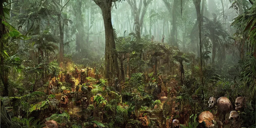 Prompt: dimly lit path through the jungle, large pile of skulls nearby, lush, dense jungle, award winning, by Oliver beck and Marc simonetti