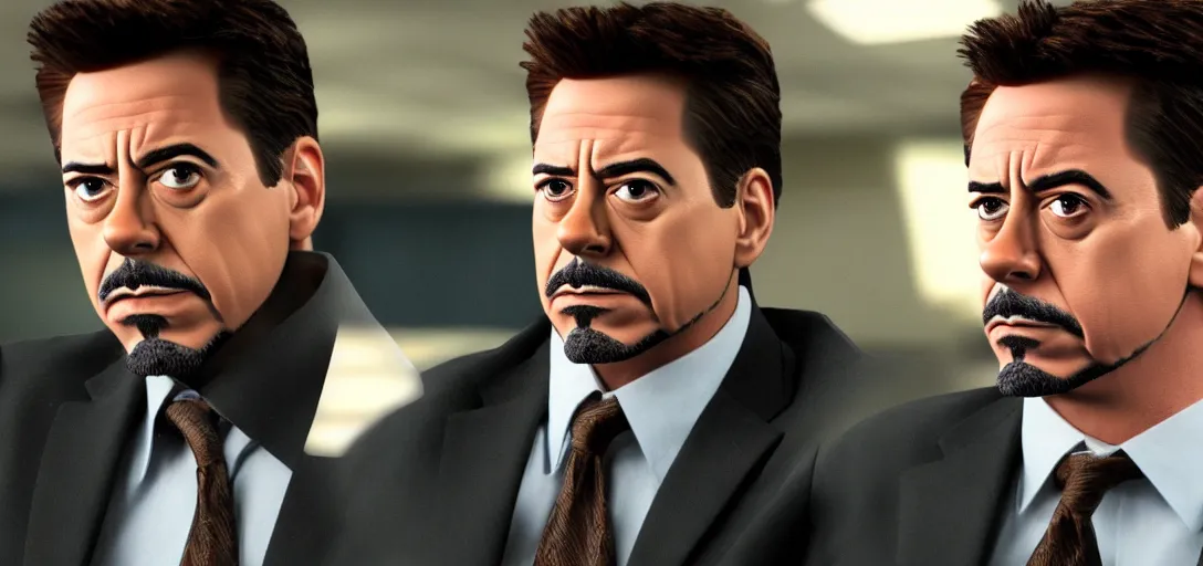 Image similar to a very high resolution image of tony stark. from an episode of the office with micheal scott. photorealistic, photography