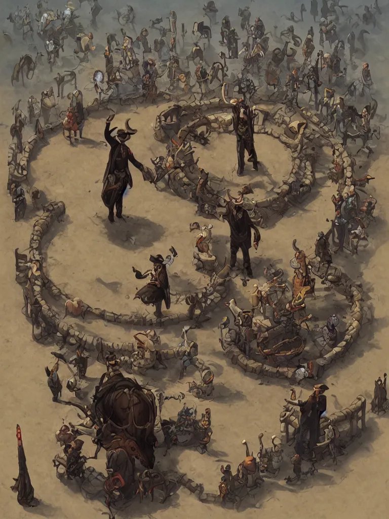 Image similar to a cowboy druid snake oil salesman standing in a circle at the bull run at the beginning of the world by peter mohrbacher and james jean