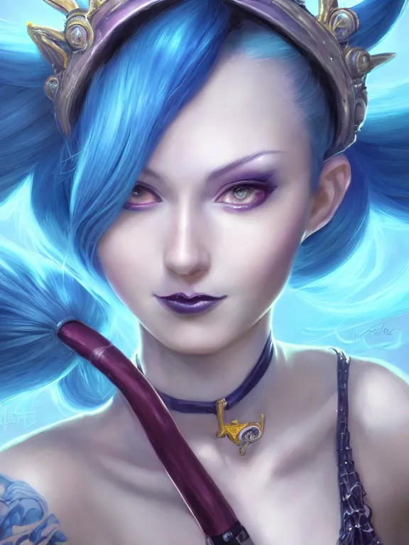 Prompt: a Portrait of JINX from League of Legends, blue hair, pigtail, intricate, elegant, highly detailed, digital painting, concept art, smooth, sharp focus, illustration, by Alex Horley,Heather Theurer,aaron horkey,Greg Rutkowski,artstation,deviantart,FAN ART,Unreal Engine,face enhance,8K,golden ratio,cinematic lighting