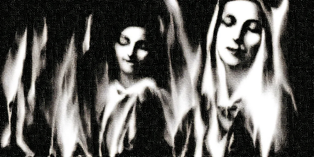 Image similar to vhs static overlay of marian apparition, vhs, 1 9 9 0, highly realistic, highly detailed, vhs noise static, black and white, vhs glitch