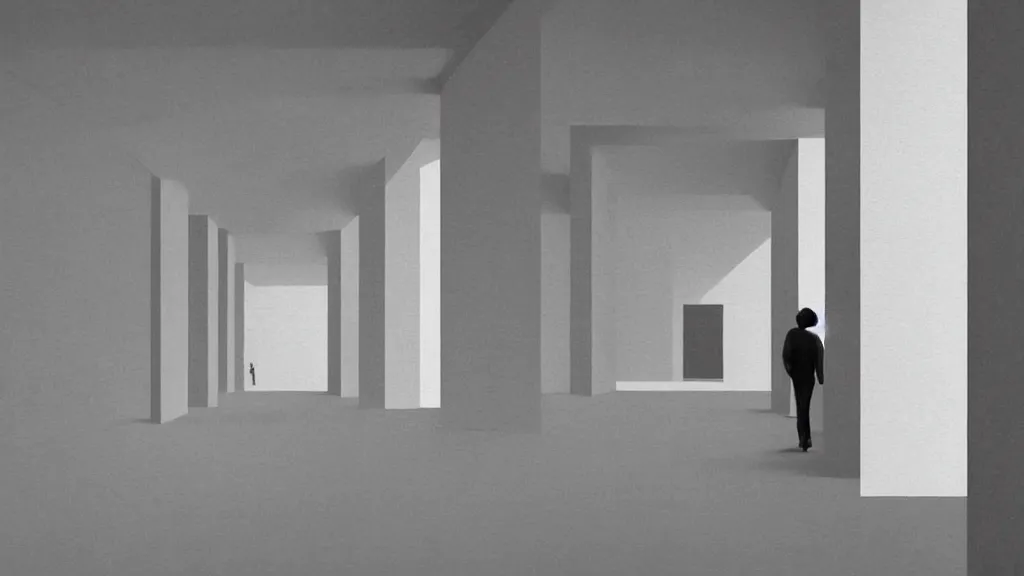 Prompt: minimalist industrial interior hallway with monolithic pillars in the style of ridley scott and stanley kubrick, impossible architecture, ultra view angle view, lone person in the distance, realistic detailed painting by edward hopper