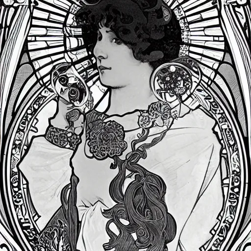 Image similar to black and white illustration by alphonse mucha 8k