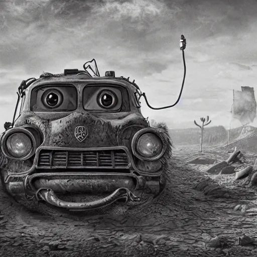 Image similar to Minion, George Miller, Photorealistic, Hyper detailed, desert, post apocalyptic, fire, dust, black and white