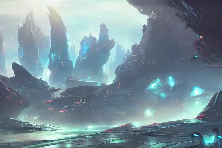 Image similar to sci-fi landscape concept art, by rossdraws, dramatic lighting