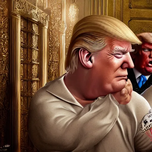 Prompt: trump crying as a large man dances on him from behind in a prison cell, intricate detail, finely detailed, small details, extra detail, photorealistic, high resolution, vray, hdr, hyper detailed, insane details, intricate, elite, ornate, elegant, luxury, dramatic lighting, octane render, weta digital, micro details, 3 d sculpture