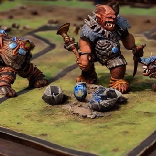 Prompt: a match of blood bowl between orcs and humans on a desert pitch