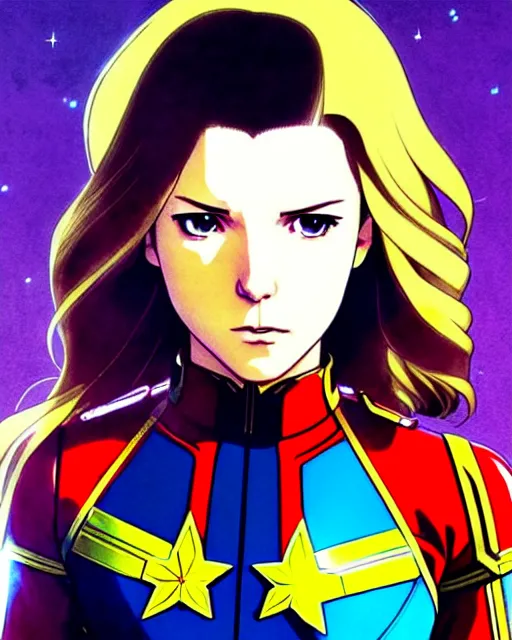 Image similar to Anime as Anna Kendrick playing Captain Marvel || cute-fine-face, pretty face, realistic shaded Perfect face, fine details. Anime. realistic shaded lighting poster by Ilya Kuvshinov katsuhiro otomo ghost-in-the-shell, magali villeneuve, artgerm, Jeremy Lipkin and Michael Garmash and Rob Rey as Captain Marvel in New York cute smile