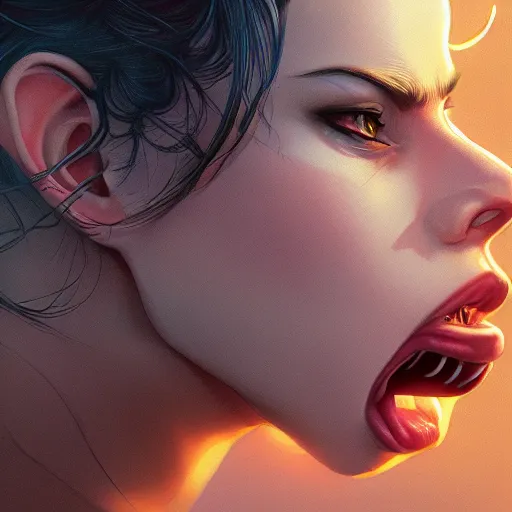 Prompt: wide open female mouth, close - up, defiant, light effect, 8 k, hyper detailed, intricate, elegant, highly detailed, digital painting, artstation, concept art, matte, sharp focus, illustration, by dan mumford, yusuke murata, makoto shinkai, ross tran