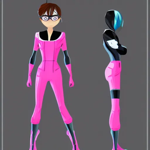 Image similar to y2k character model sheet for a short Japanese girl in a pink and white futuristic sleek motorcycle suit. into the spider-verse animated style