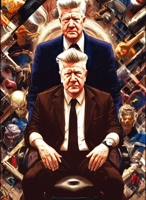 Image similar to portrait of david lynch in the marvel cinematic universe, official media, official poster artwork, highly detailed, centered, solid color background, digital painting, artstation, concept art, smooth, sharp focus, illustration, donato giancola, joseph christian leyendecker, les edwards, ed repka, wlop