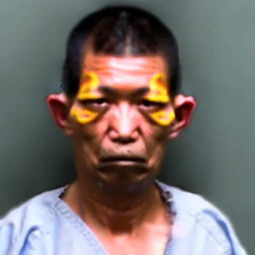 Image similar to inmate with chicken head, mugshot in a police station