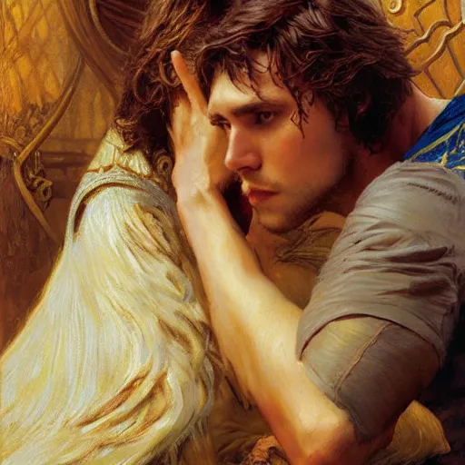 Image similar to attractive male arthur pendragon confesses his love to attractive male merlin. highly detailed painting by gaston bussiere, craig mullins, j. c. leyendecker 8 k