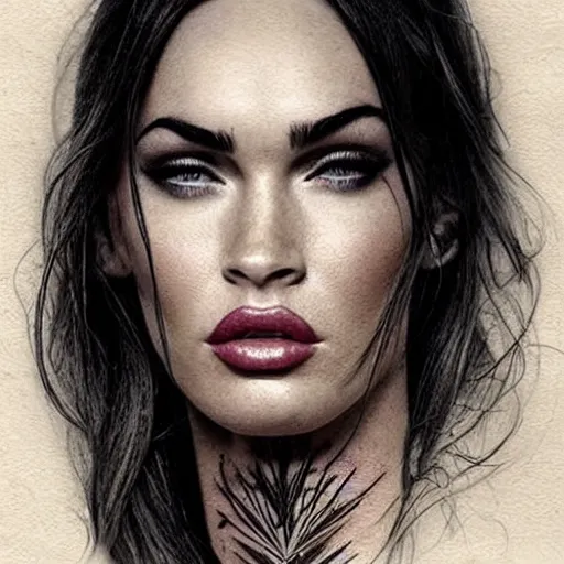 Prompt: megan fox as beautiful mountains, double exposure effect, medium sized tattoo sketch, amazing detail, trending on pinterest, in the style of dan mountford
