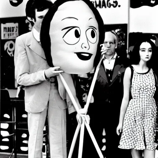 Image similar to a teenage girl with an inflatable cartoon head goes to high school, live-action john waters film, 1974, technicolor