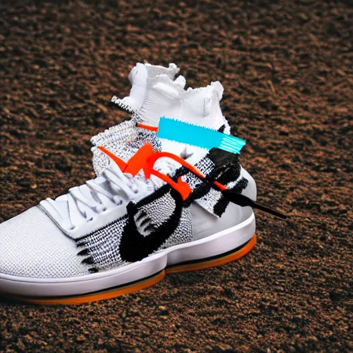 Image similar to a studio photoshoot of Nike Off-white Lebron sneakers designed by Virgil Abloh, knitted mesh material, gum rubber outsole, realistic, color film photography by Tlyer Mitchell, 35 mm, Graflex