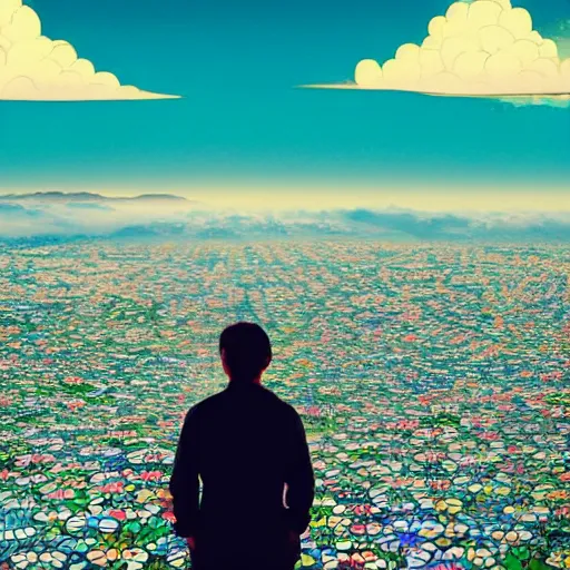 Image similar to a man walking on clouds away from the camera above kyoto by takashi murakami, beeple and james jean, aya takano color style, 4 k, super detailed, modern, 4 k, symmetrical