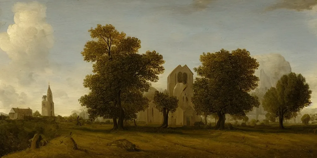 Image similar to a beautiful landscape painting of a giant tree next to a church in the fields, by jan van goyen, oil on canvas, highly detailed, hd, 4 k