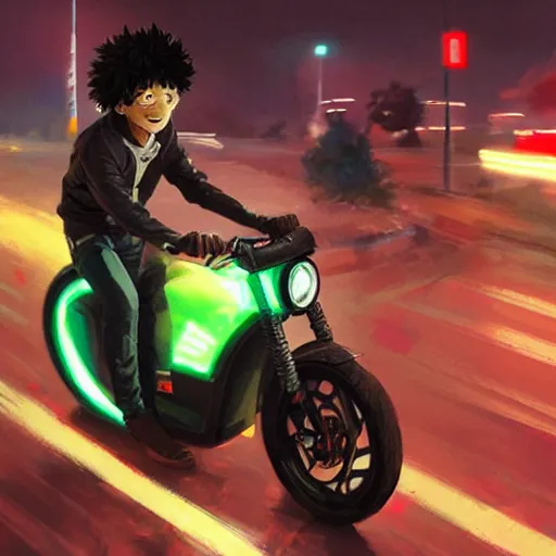 Prompt: realistic Izuku Midoriya riding a neon electric bike, Greg Rutkowski