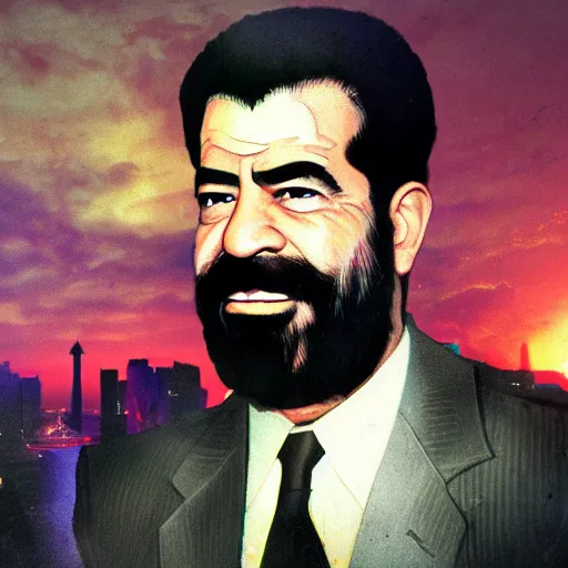 Image similar to portrait of Saddam Hussein, Baghdad skyline background, washed out colors, ambient lighting, dynamic lighting, lens flare, 4K, HQ, official media, detailed, trending on artstation